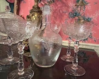 Antique cust glass decanter and stems