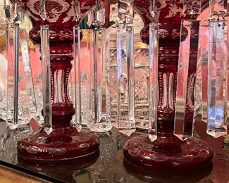 Huge pair of Antique Bohemian Biedermeier Glass Ruby Lusters