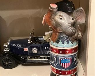  Jim Beam 1929 Model A Phaeton Police Car Whiskey Decanter and Elephant Decanter Jim Beam 1976 Decanter