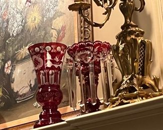 Antique Bohemian Biedermeier Glass Ruby Overlay pair of  Large vases