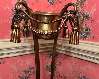 1920s Hollywood Regency Italian gilt brass planter with tassel detail