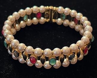 18k gold pearl, ruby, emerald and sapphire cabochon cuff…$2250
