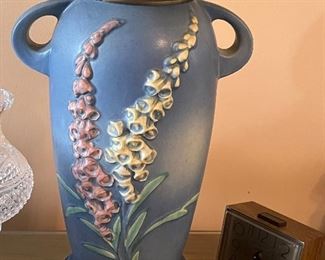 Pair of Roseville Pottery Foxglove Vase, Shape 52-12, Blue Lamps