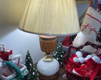 Milk glass table lamp, Christmas items