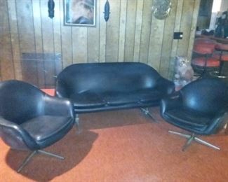 Midcentury black leather Overman Space Age Pod Sofa & 2 Swivel Chairs