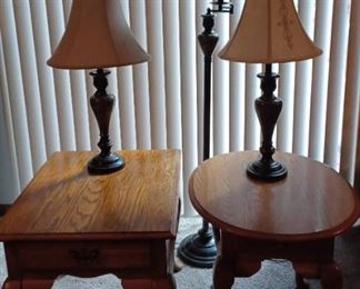 2 Oak End Tables and 3 Lamps