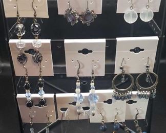 10 Pairs of Blue, White, and Silver Toned Earrings Mostly Dangles