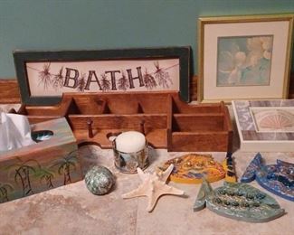 Beachy Bath Decor with a Shelf, 3 Handmade Fish, Shells, Candle, 3 Pics, and Tissue Box Cover