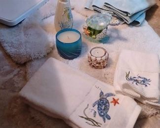 Beachy Bathroom Rug 35X21, Contour Rug, 1 Bath Towel, 3 Hand Towels, 1 Wash Cloth, and Soap Dish
