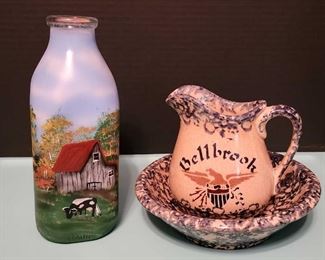 Bellbrook Pottery Pitcher and Bowl and Hand Painted Milk Bottle