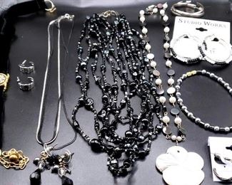 Black, White, and Pearlescent Jewelry 4 Necklaces, 5 Pairs of Earrings, 1 Hat Pin, and 1 Bracelet