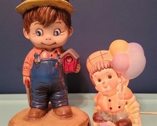 Ceramichrome Ceramic Boy with Saw and Birdhouse and a Small Boy with Balloons Lamp