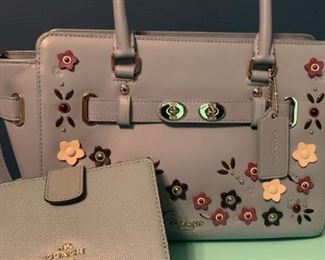 Coach Handbag and Matching Wallet Light Blue with Flowers, Steel Hardware, Long Strap Attachment