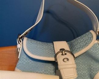 Coach Leather and Canvas Handbag with Matching Wallet and Cream Colored Learjet Wristlet