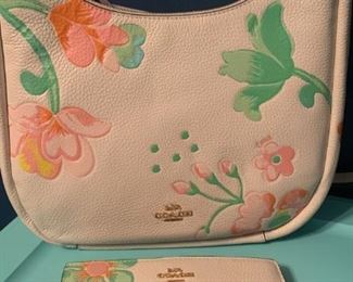 Coach Shoulder Bag and Matching Wallet Cream with Yellow Pink and Green Flowers 2 Straps