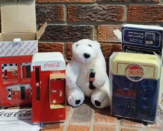 Coke or Pepsi Coke Musical Bank, Pepsi Coin Sorter Bank, and a Coke Bear