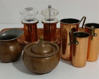 Copper Colored Tray, Salt and Pepper Shakers, Sugar and Creamer Containers, and Measuring Cups