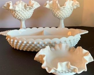 Fenton Milk Glass Hobnail, Ruffle Dish, Divided Dish, and 2 Compote Dishes