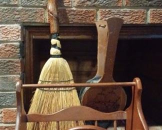Fireplace Blower, Broom with Unique Handle, and Wooden Magazine Rack
