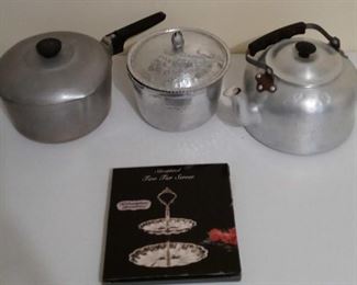 Hammered Aluminum Ice Bucket, Magna Lite Stock Pot, Tea Kettle, and 2 Tier Server