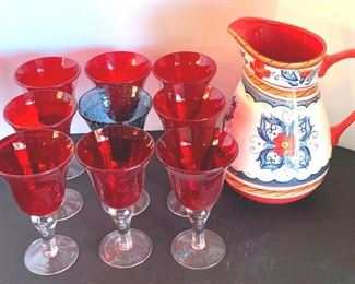 Italiano Ceramic Pitcher with 9 Red and Blue Stemmed Drinking Glasses Thick Glass