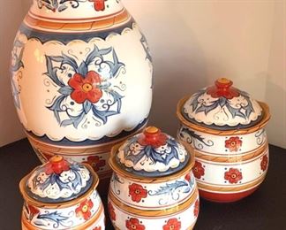 Italiano Vase and 3 Piece Canister Set Jug with Small Chip, See Pictures