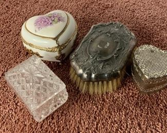 Jewelry Boxes, Heart Shaped Musical Box, Metal Heart, Crystal, and Antique Silver Brush