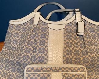 Large Coach Navy and Beige Canvas with a Cream Patent Leather Handbag and Matching Wallet