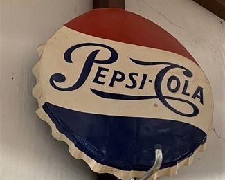 ANTIQUE 1950s? LARGE 38" PEPSI COLA BUTTON SIGN [BOTTLE CAP] SIGN.