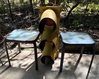 END TABLES AND VINTAGE STREET STOP LIGHT.