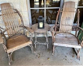 VINTAGE AMISH HANDMADE BENTWOOD ROCKERS AND TABLE HAND SIGNED BY THE AMISH CRAFTSMAN.