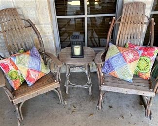 VINTAGE AMISH HANDMADE BENTWOOD ROCKERS AND TABLE HAND SIGNED BY THE AMISH CRAFTSMAN.