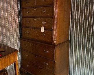 $300.  George III oak tallboy dresser c. 1750.  Originally 13,000 in his shop.  41"w x 22"d x 82"h.  Price has been reduced to reflect half off. 
