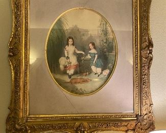 #12  $300   "Family with hunting dog" original oil, stunning antique frame.  28"w x 31"h x 2"d.   Price has been reduced to reflect half off. 
