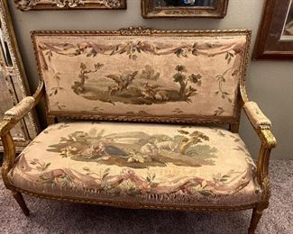 $900  Needlepoint antique settee as found wear on seat and back.  51.5"w x 26"d x 39"h