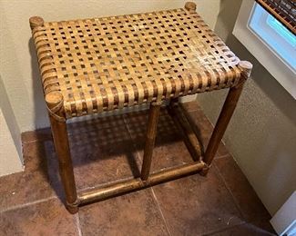 $240 Vintage McGuire leather woven bench. 23"w x 16"d x 33.5"h