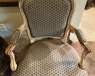$400 Pair of painted fauteuil chairs.  24"w x 23"d x 33"h
