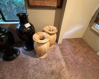 $300 Pair of solid marble urns, one as found. Price has been reduced to reflect half off. 