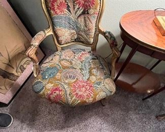 $600. One of the pair of French Gilt needlepoint chairs as found. 24"w x 26"d x 34.5"h