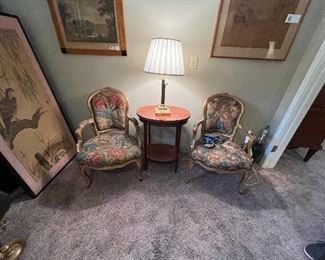 Antiques, art and furniture for sale in separate photos.