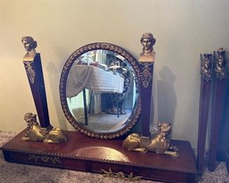 $900  Empire. Console table and mirror 63 inches high to the top of the piece x 50 inches wide x  11.5 inches deep.  Photo of it assembled in next picture.  Price has been reduced to reflect half off. 