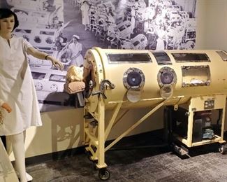 1940s Emerson Respirator Iron Lung, Model # RCF, Includes Patient And Nurse Mannequins And Informational Stand, 55" x 84" x 33"