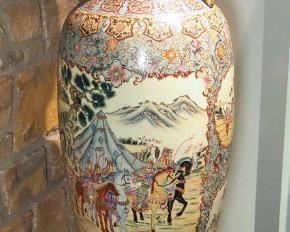 Monumental Hand Painted Asian Porcelain Warrior Amphora Floor Vase, 62" Tall, With Carved Wood Stand