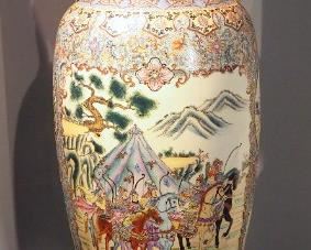Monumental Hand Painted Asian Porcelain Warrior Amphora Floor Vase, 62" Tall, With Carved Wood Stand