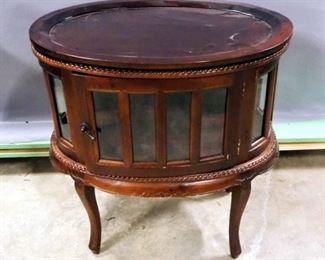 Oval Vitrine Tea Table With Beveled Glass Side Panels And Removable Tray Top, 29.5" x 28.5" x 18"