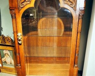 Antique Solid Oak Display Cabinet With Carved Wood Beveled Glass Door, 70" x 40" x 22"