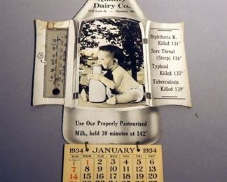 Quality Dairy Company 1934 Wall Calendar With Mercury Thermometer, 12" x 7"