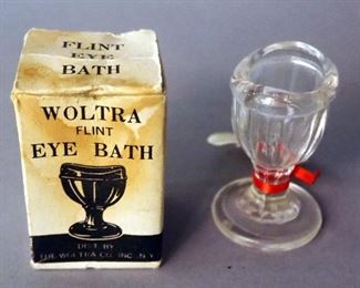 DeWitt's Eye Bath Glass Bottle, Woltra Flint Glass Eye Bath Cup, And Aluminum Eye Bath Cups, Qty 6