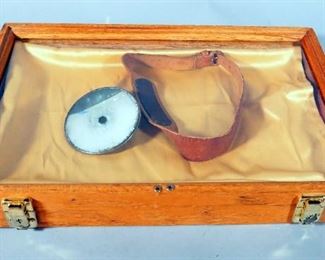 Antique Doctors Head Mirror With Leather Head Band In Wooden Display Case, 18" x 12" x 2.5"
