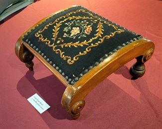 Antique Gout Foot Stool With Needlepoint Upholstery